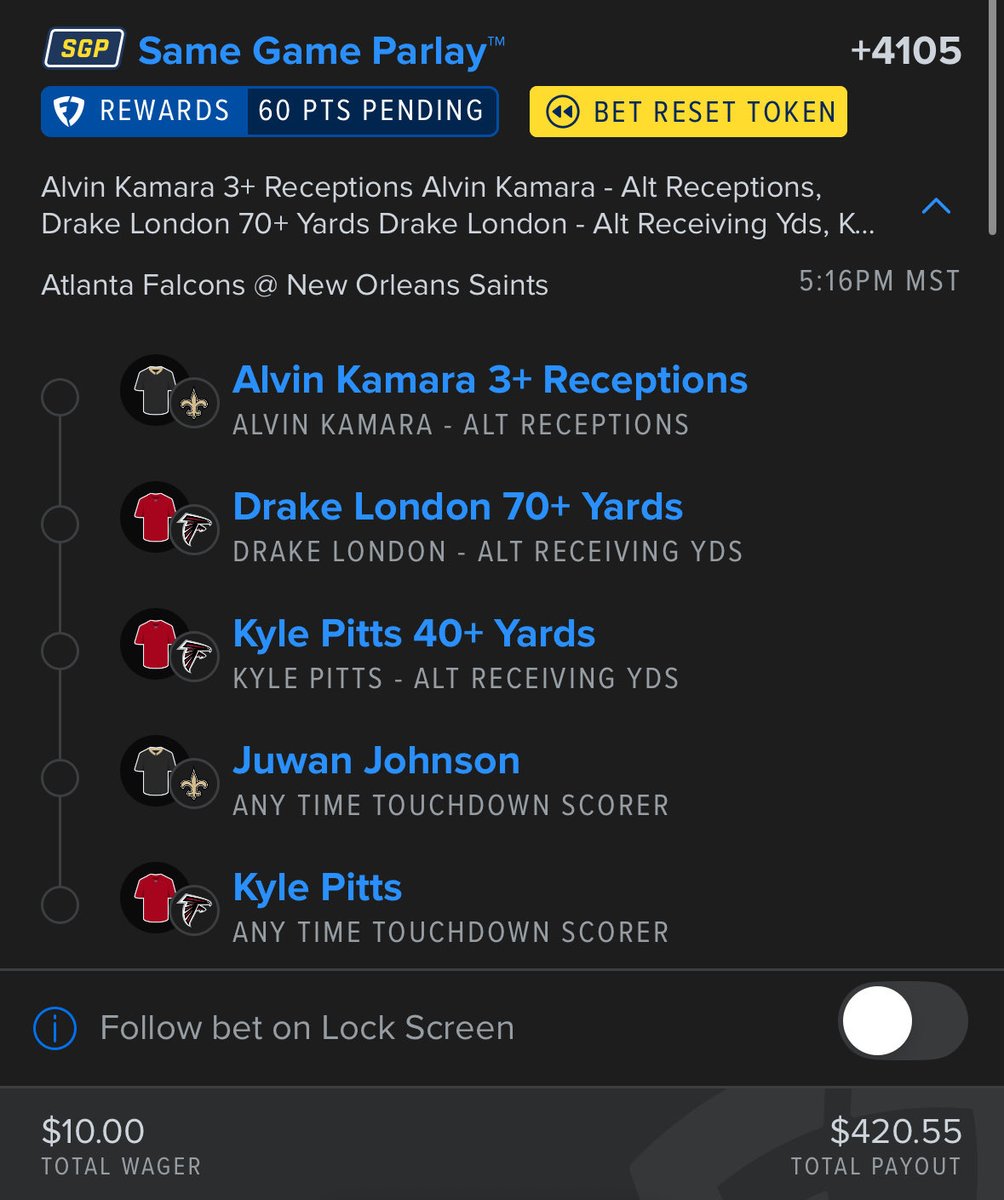 MismatchBet's tweet photo. MNF Bet Reset SGP
• Alvin Kamara 3+ receptions
• Drake London 70+ receiving yards
• Kyle Pitts 40+ receiving yards
• Juwan Johnson anytime TD
• Kyle Pitts anytime TD
$10 to win $420.55 (+4105) https://t.co/Qgbk1LDlVP