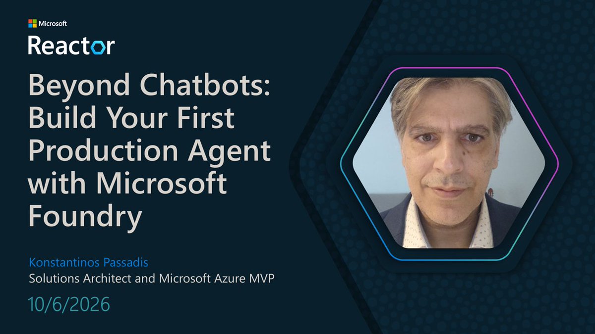 MSFTReactor's tweet photo. 🚀 Go beyond chatbots and build your first production-oriented agent with Microsoft Foundry.

Learn hands-on:  
 🔹 Agent instructions + tool contracts
 🔹 Typed function tools
 🔹 Conversation state + streaming
 🔹 Structured outputs
 🔹 Hosted agents
 🔹 Azure Container Apps
 🔹 Production architecture

Build a reusable foundation for your own agentic solutions.

👉 Register: https://t.co/9iziElpu37

#MicrosoftFoundry #AIAgents #AgenticAI #Azure #Developers
#MicrosoftFoundry #AIAgents #AgenticAI #Azure #Developers

#MicrosoftReactor #MicrosoftFoundry #AIAgents #AgenticAI #Azure #Developers