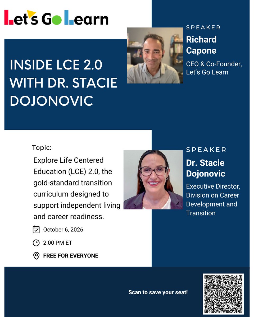 letsgolearn's tweet photo. Tomorrow! 🌱 Join our FREE LCE 2.0 webinar with Dr. Stacie Dojonovic, Executive Director of DCDT.

Explore 270 modern lessons, AI customization &amp; tools for transition readiness.

📅 Oct. 6 | 2���3 PM ET
🔗 https://t.co/puHzXm4Pyg

#SpecialEd #TransitionEd https://t.co/7PtiUlmX4a