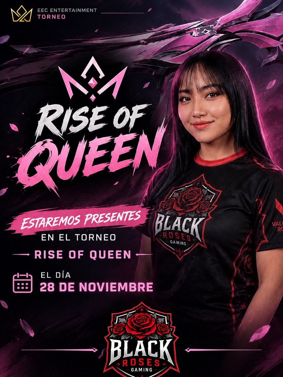 Blackrosesespor's tweet photo. 👑🌹 ¡BLACK ROSES GAMING ESTARÁ PRESENTE! 🌹👑

Nos complace anunciar que estaremos participando en el Rise of Queen, demostrando nuestro talento, pasión y competitividad en la escena femenina. 💗🔥

📅 28 DE NOVIEMBRE
🏆 RISE OF QUEEN
🎮 EEC ENTERTAINMENT

Una nueva batalla, una nueva oportunidad para demostrar de qué estamos hechas. 🖤🌹

¡Nos vemos en la competencia! 👑
#BlackRosesGaming #RiseOfQueen #EECEntertainment #Esports #Valorant