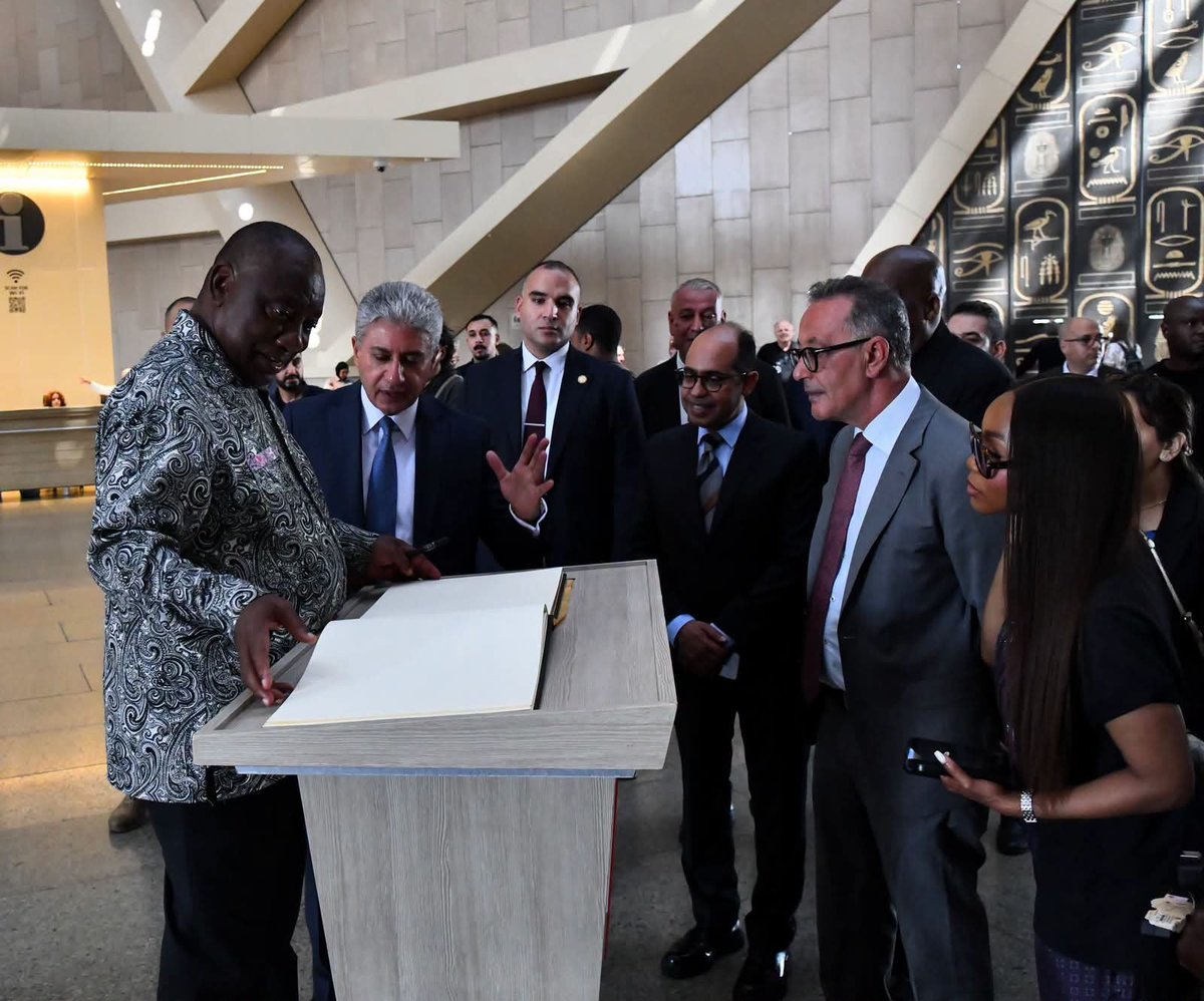 SISEGY's tweet photo. South African President Cyril Ramaphosa visited the Grand Egyptian Museum (GEM) on Monday, where he was received by Minister of Tourism and Antiquities Sherif Fathy. https://t.co/Px9AV4jQ2K