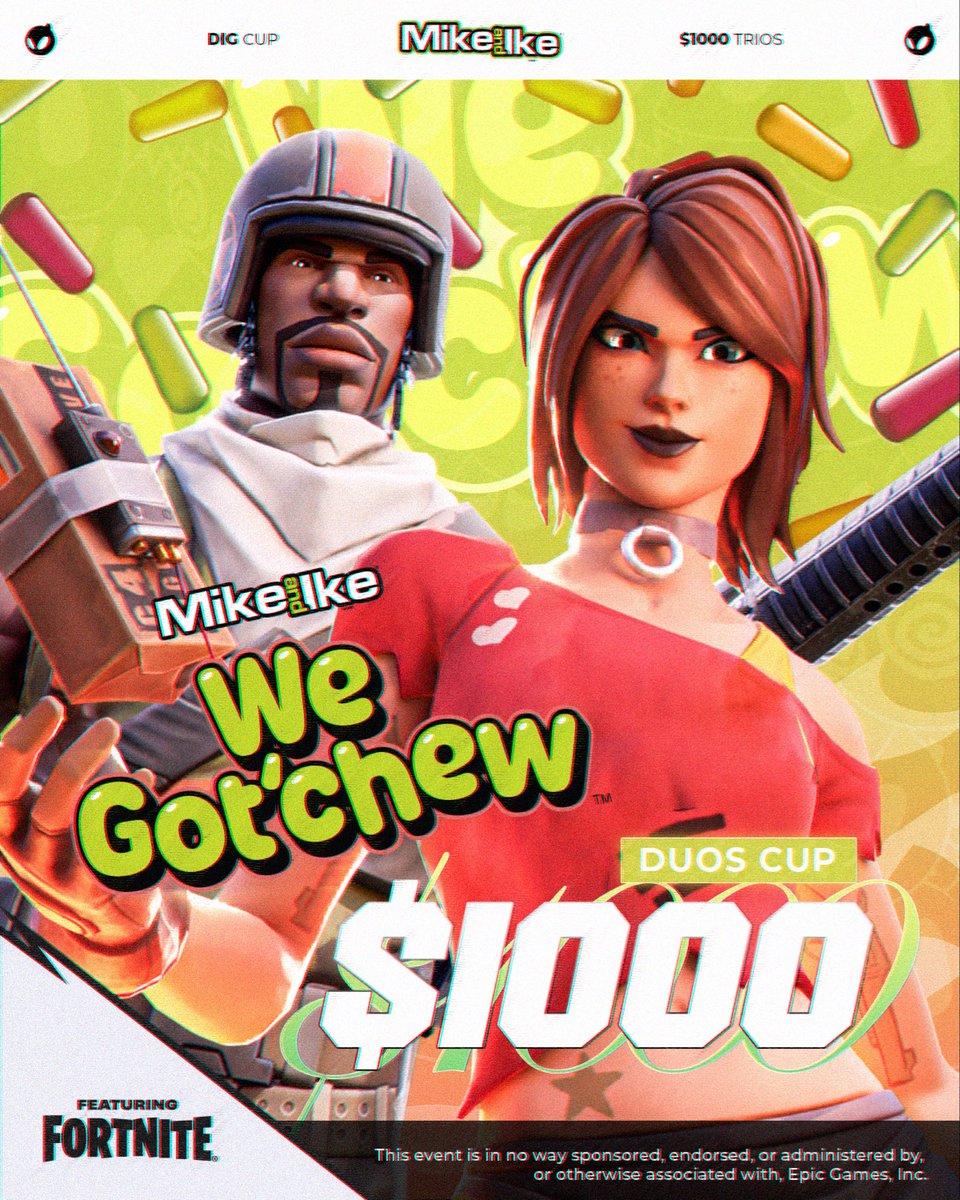 DignitasFN's tweet photo. 🏆 MIKE AND IKE $1,000 FORTNITE DUO'S LADDER 🏆
🗺️  Alvi's DUO Build Zonewars | NAC

📅 Oct 7th @ 6pm EST
💵 Top 15 Placement = Earnings

To Play:
✅ Follow @mikeandike @DignitasFN 
✅ Like & RT this post
✅ Tag Your DUO

‼️ Open to ALL Players because WE GOT’CHEW
Join the Discord with the link in replies 👇