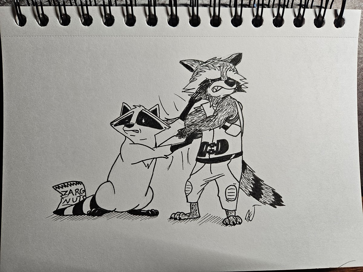 netwarior5's tweet photo. My Zarg Nuts!
Inktober day 5: Smack
Rocket and Meeko fight over a bag of Zarg Nuts. Figures, the first time he comes in contact with another raccoon, he picks a fight xD

#RocketRaccoon #traditionalart #meeko https://t.co/FSQvHUrwk8