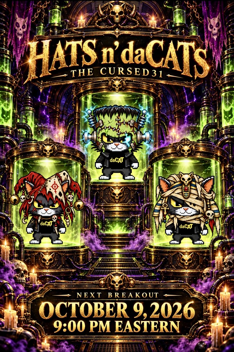 hatsndacats's tweet photo. The next breakout is set. 🧪⚡

Three more from THE CURSED 31 arrive October 9 at 9:00 PM Eastern.

Three one-of-ones. Ready to choose your legend?

https://t.co/zzQsbCF9PY https://t.co/HodD6oYKi0