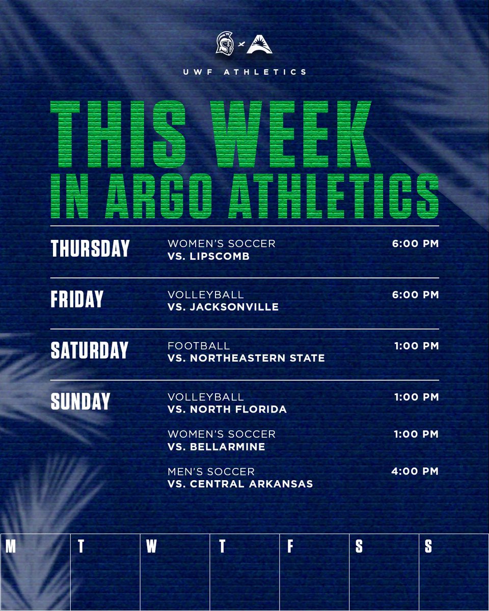 GoArgos's tweet photo. We've got a packed weekend ahead

⚽️ @uwfwsoc &amp; @UWFSoccer return to the pitch 
🏐 @UWFVolleyball brings conference to PenAir Field House and Pack it Pink on Sunday
🏈  @UWFFootball returns with an early kick

#GoArgos https://t.co/B5o4NRAgBH