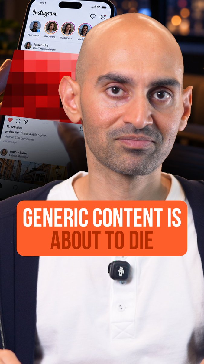 A bald man in a white shirt with a DJI microphone, overlaid with an Instagram interface and a red pixelated bar, with text reading "GENERIC CONTENT IS ABOUT TO DIE."