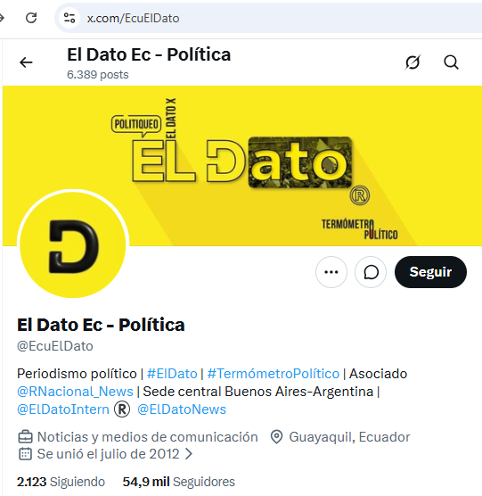 alfredovelazco's tweet photo. Cuenta anómala pro gobierno @EcuElDato (reemplaza a @ElDatoEcua que habría sido hackeada) con 5 cambios cambios de usuario, conectada desde EEUU, creada en Julio 2012 y vendía entradas, whisky, blackberries, etc #UnVotoContraLaDesinformación https://t.co/c0ty6DXklt
