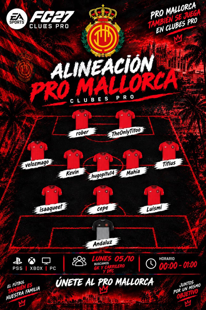 ProMallorcaRCD's tweet photo. ALINEACION DE HOY 05/10/2026

A por todas PRO MALLORCA ❤️🖤 https://t.co/B7r7FwQdnO