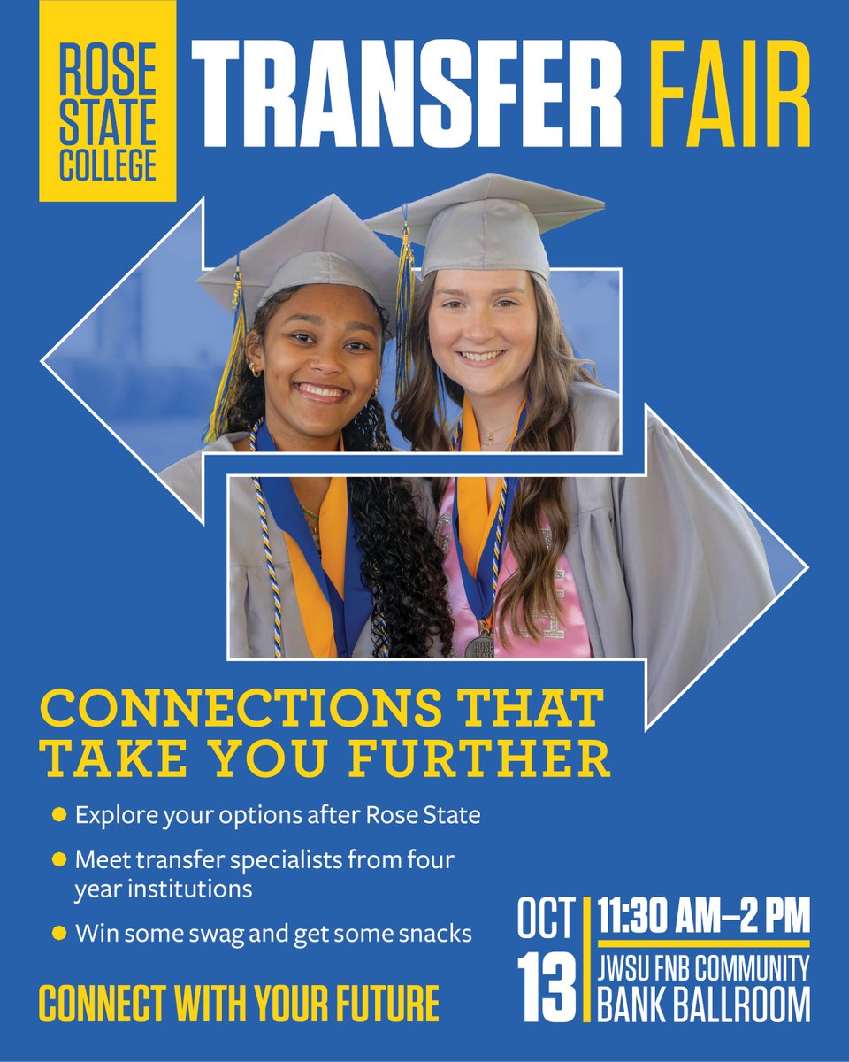 RoseState's tweet photo. Join RSC Graduation Services for the Transfer Fair on October 13 from 11:30 AM to 2:00 PM in the JWSU FNB Ballroom! Meet with representatives from different universities and grab some cool swag 🎓 

#RoseState #ClearedForTakeoff https://t.co/0FIFCaL0BZ