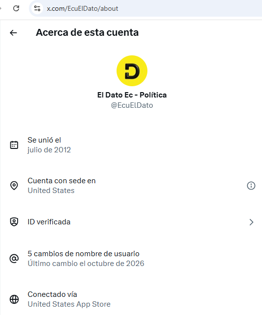 alfredovelazco's tweet photo. Cuenta anómala pro gobierno @EcuElDato (reemplaza a @ElDatoEcua que habría sido hackeada) con 5 cambios cambios de usuario, conectada desde EEUU, creada en Julio 2012 y vendía entradas, whisky, blackberries, etc #UnVotoContraLaDesinformación https://t.co/c0ty6DXklt