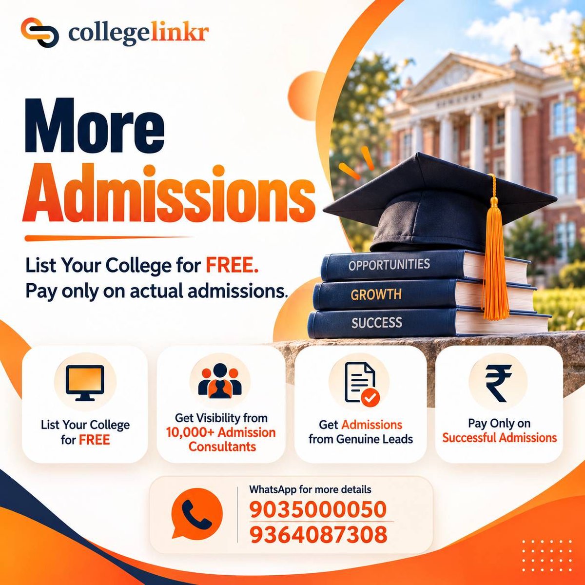 promilo's tweet photo. More Admissions. Less Risk. 🎓
List your college on CollegeLinkr FREE and reach 10,000+ admission consultants.
✅ Free listing
✅ Genuine admission leads
✅ Pay only when a student takes admission
📲 9035000050 | 9364087308
#CollegeAdmissions #AdmissionLeads #CollegeMarketing https://t.co/ScFbpA0Hqa
