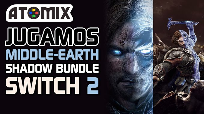 The image is a YouTube thumbnail by Atomix titled "JUGAMOS MIDDLE-EARTH SHADOW BUNDLE SWITCH 2," promoting a gameplay video reviewing the Lord of the Rings titles *Middle-earth: Shadow of Mordor* and *Middle-earth: Shadow of War* on Nintendo's Switch 2, with the iconic glowing-eyed wraith and warrior Talion featured prominently.