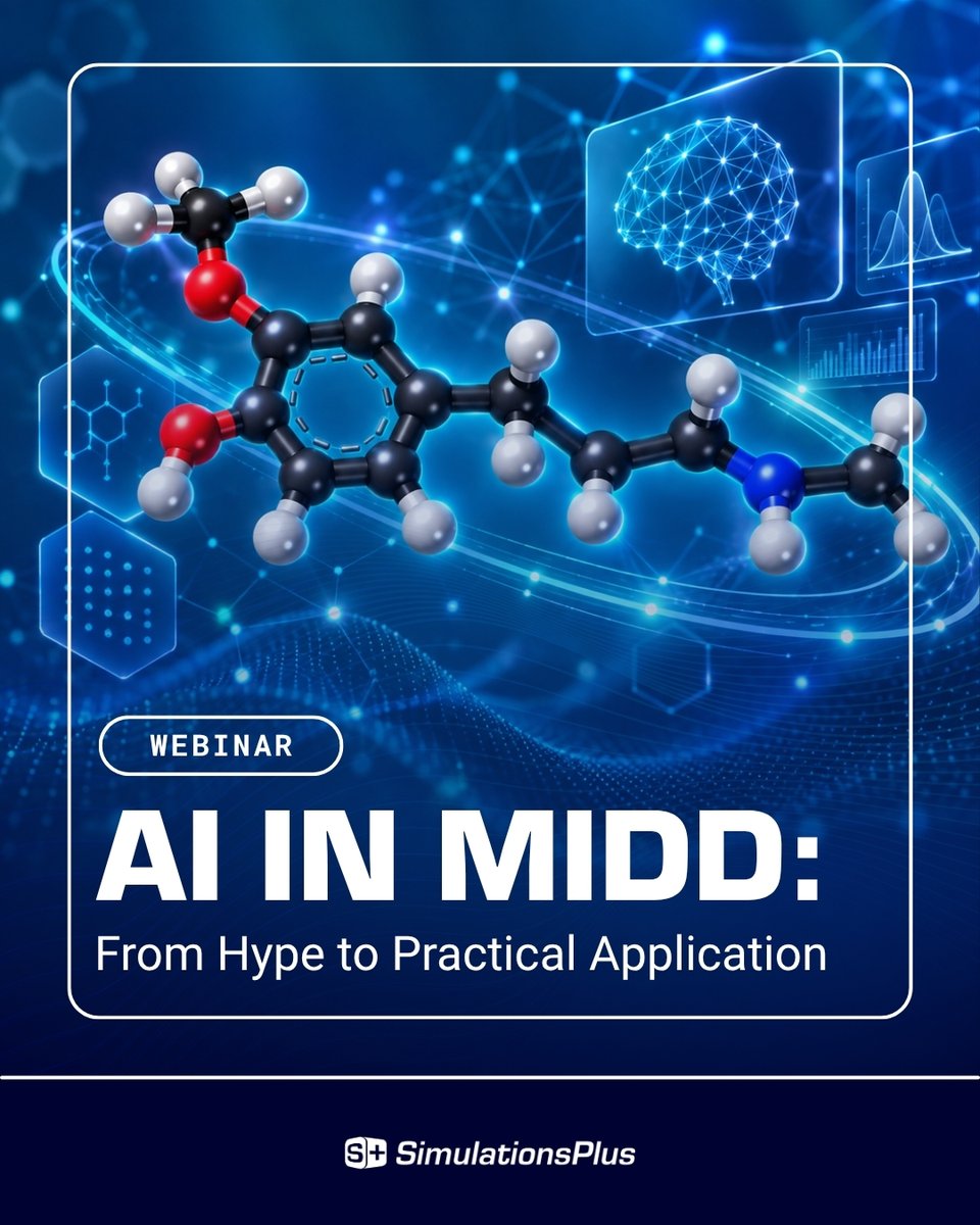 SimulationsPlus's tweet photo. How are leaders from Pfizer, Bristol Myers Squibb &amp; Incyte using AI in #MIDD? Join us to explore where AI is creating value today, how it’s evolving, and what responsible integration looks like across scientific &amp; regulatory workflows. Register:  https://t.co/oudtZ5YEVG https://t.co/4IlvtIRCGm
