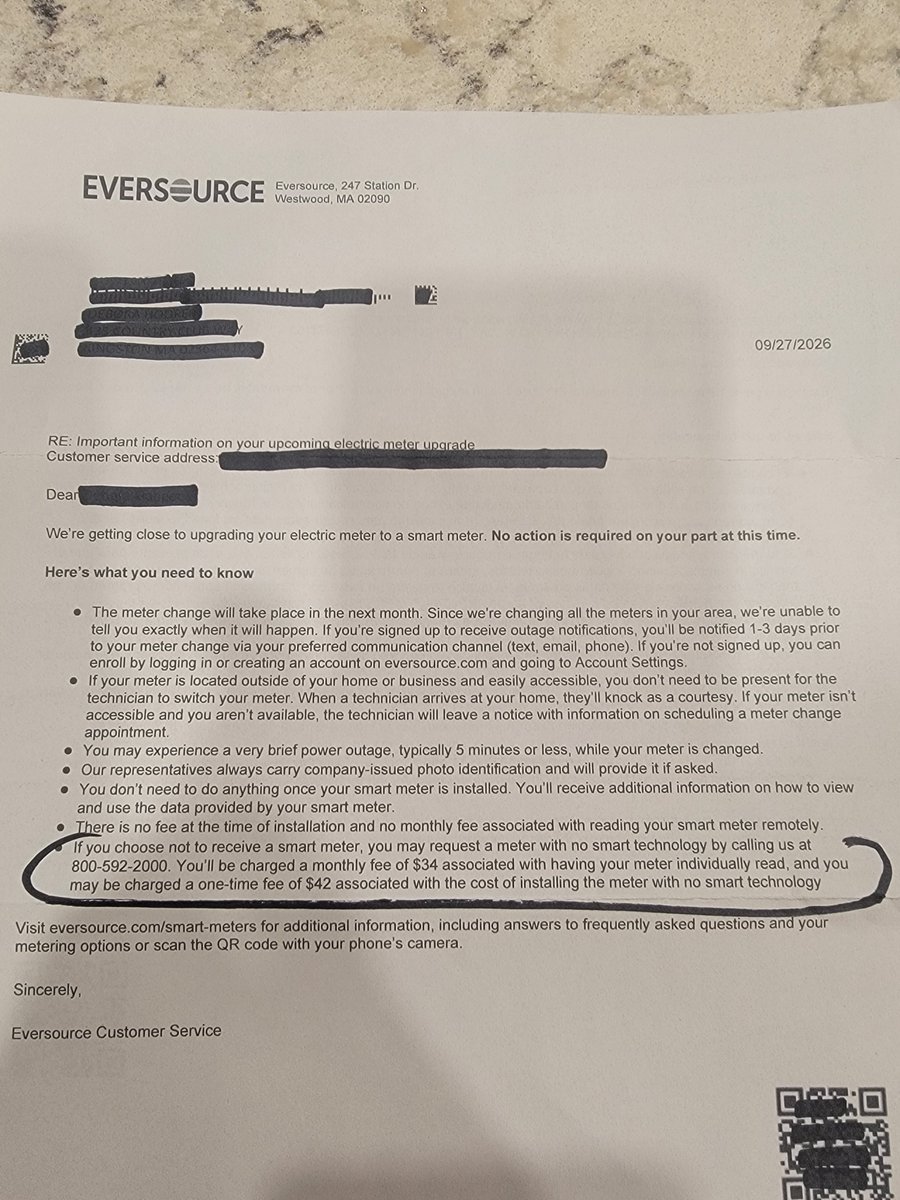 DebbieHooper83's tweet photo. @chestermtam Eversource to install smart meters but there is a monthly fee to opt out! https://t.co/53LIy6mDit