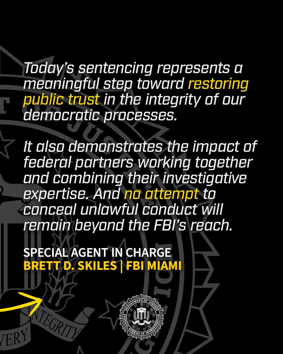 FBI's tweet photo. Case Update from @FBIMiamiFL: Former U.S. Congressman David Rivera was sentenced to 10 years in federal prison for secretly acting as an unregistered agent of the Venezuelan government and laundering millions of dollars connected to that work.

A federal jury convicted Rivera of conspiracy to violate the Foreign Agents Registration Act (FARA), violating FARA, conspiracy to commit money laundering, and four counts of engaging in transactions in criminally derived property.

Read more: https://t.co/unX4pwP2Br