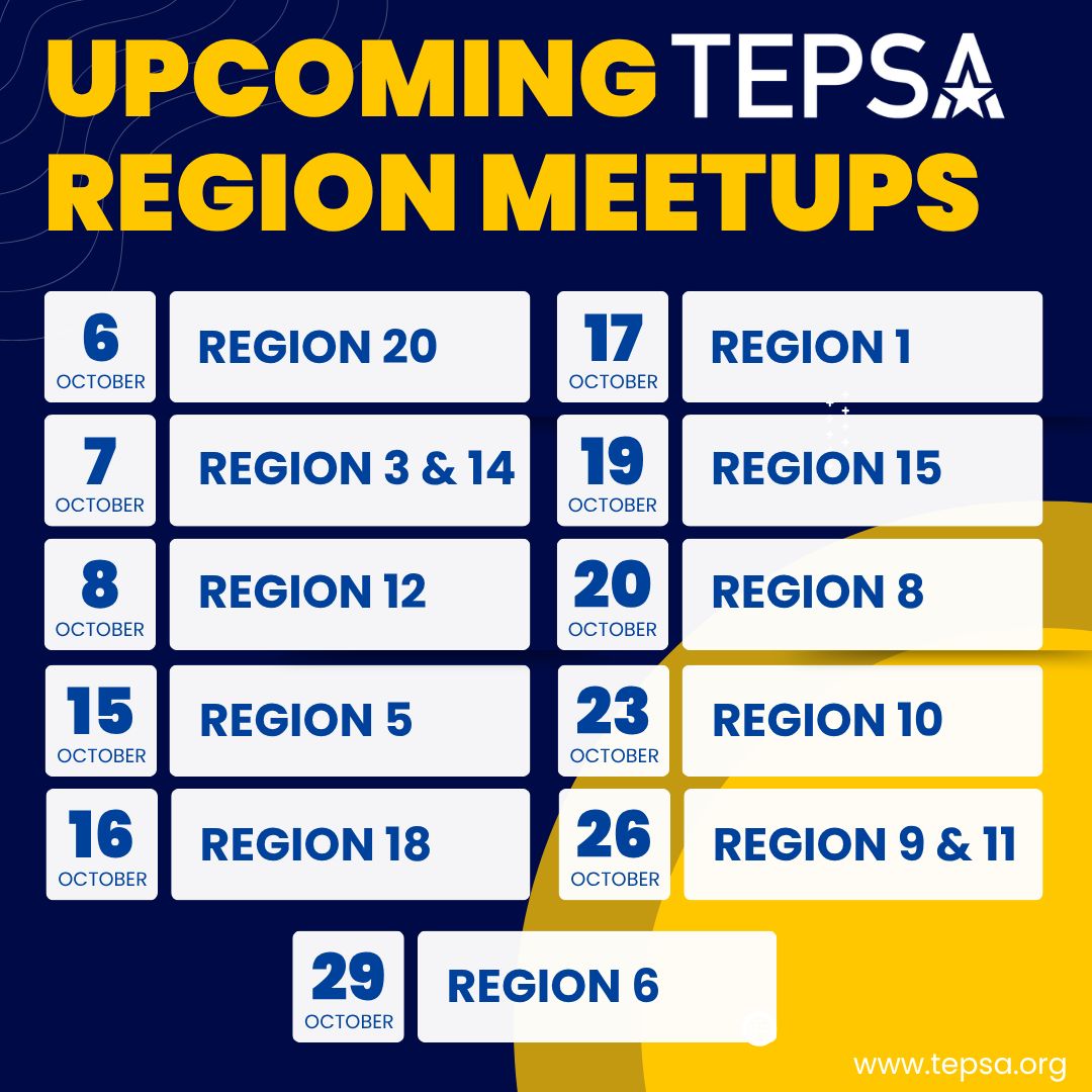 TEPSAtalk's tweet photo. Don't miss one of our many upcoming Region Meetups! A great opportunity to connect with other leaders in your area! Open to any school or district leaders!!

Learn more: https://t.co/AN1dkXwe1Q 

#Education #leadership #TXed #WeLeadTX https://t.co/UzxDgr6hIW