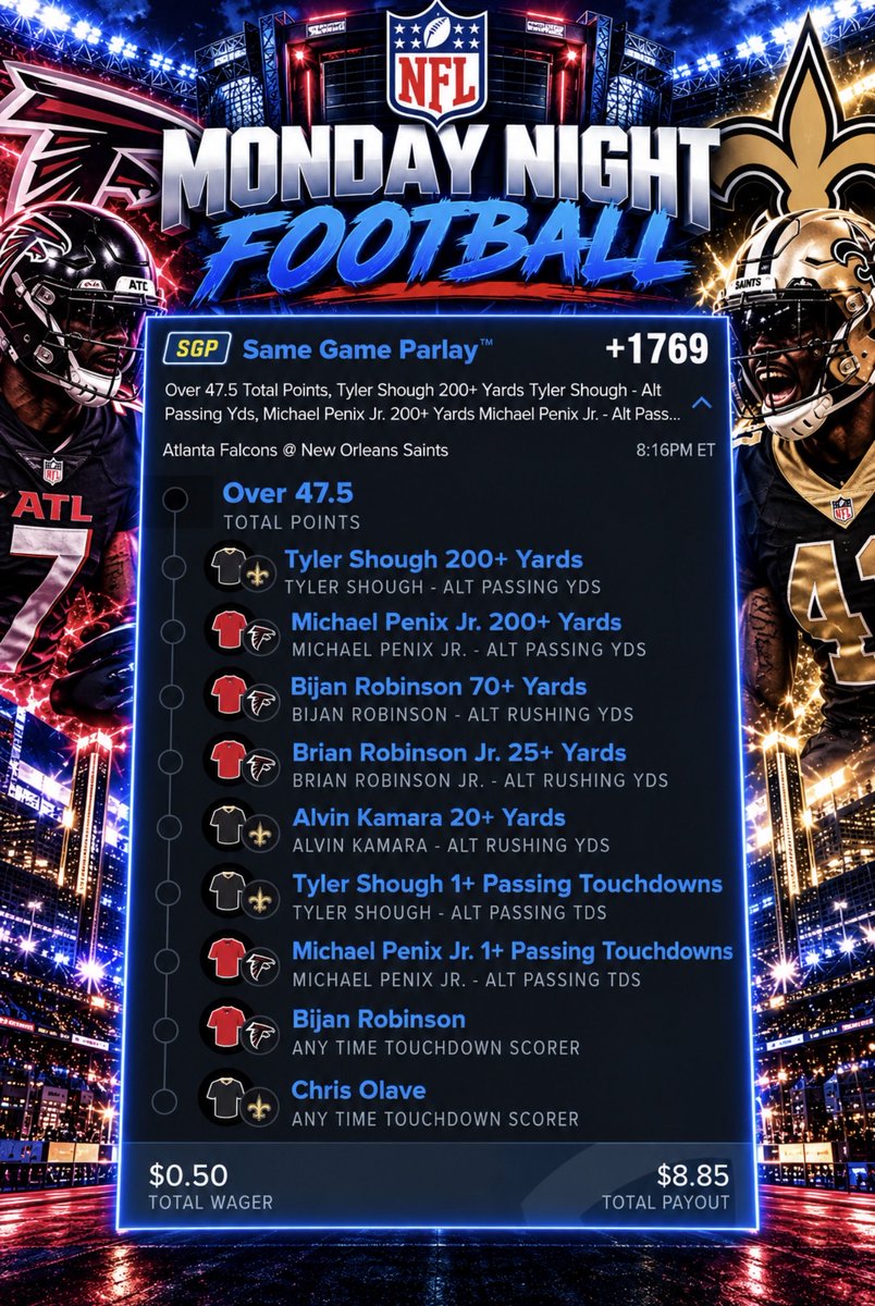 ParlaidPrincess's tweet photo. hoping tonights MNF game is a shootout 🙏🏽 #NFL 

+1769 SGP 👀🏈🔥
@Playbook 👇🧾 https://t.co/UUoPUsCLJr