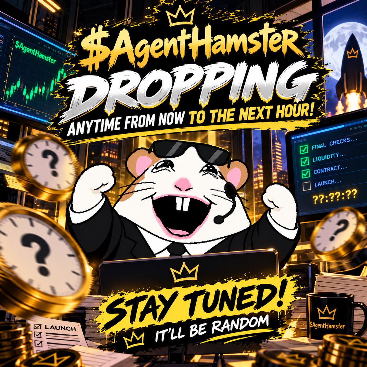 AgentHamstr's tweet photo. 🚨🐹 NO EXACT TIME. NO COUNTDOWN.

$AgentHamster is dropping anytime between NOW and the next hour. 👀

Could be 5 minutes. Could be 40.

Stay tuned — the hamster decides. 🐹🕶️ https://t.co/qAE9fMBsUU