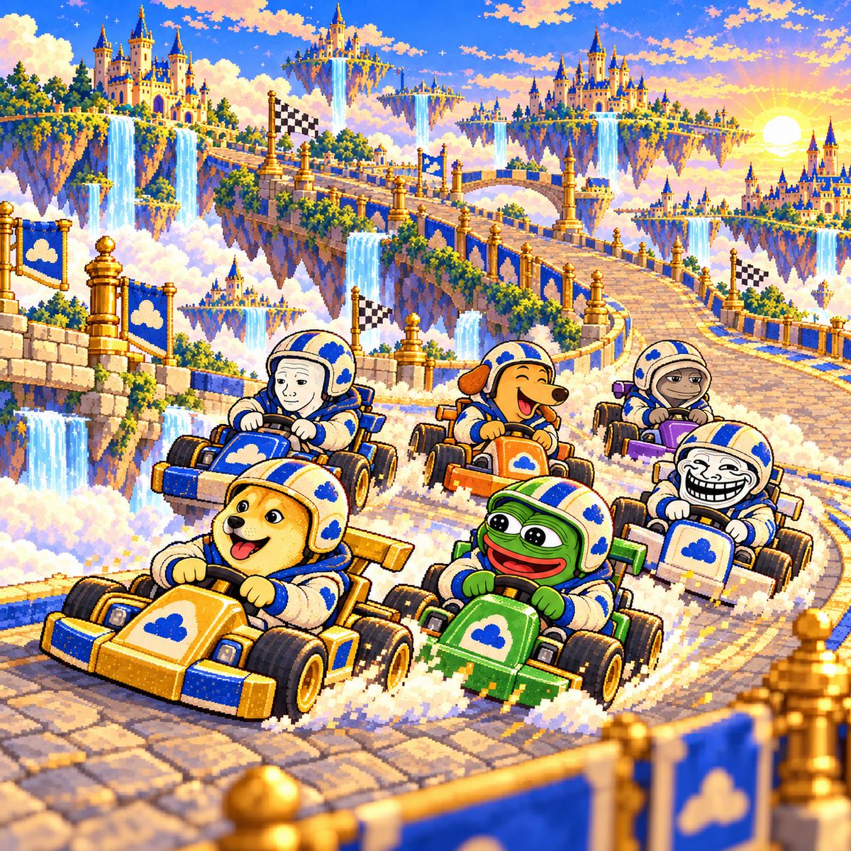 TheMemeAgencies's tweet photo. Doge takes the lead, Pepe hugs the corner, and Trollface claims he knows a shortcut—Meme Agency’s race day is officially chaos. 🏎️☁️ 

#MemeAgency https://t.co/b5QyYhsa50