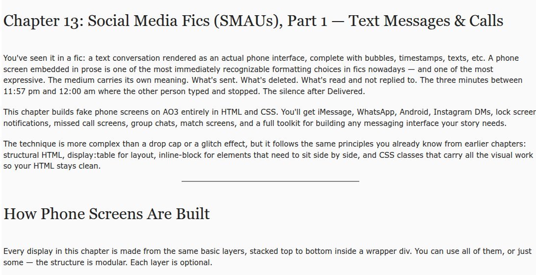 the_tamed_poet's tweet photo. Hey friends! I posted Chapter 13 of my beginner-friendly AO3 coding tutorial!

This one covers Social Media Fics (SMAUs) — Text Messages &amp; Calls: how to build message bubbles, calls, and other details that make your chats realistic. Go check it out!

Link: https://t.co/rmaMRX9ZtJ https://t.co/8SwPjXUAiz