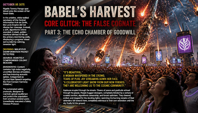 4quaOf's tweet photo. Babel's Harvest Core Glitch: The False Cognate Episode 3: The Echo Chamber of Goodwill.
https://t.co/pC5CX5kRbs
#scifi #sciencefiction #series
#episode #glitch #cyberpunk
#future #space
#science #thriller #adventure
#aliens #contact
#speculative #specfic
#Babelsharvestcore https://t.co/nYAlKht2DT