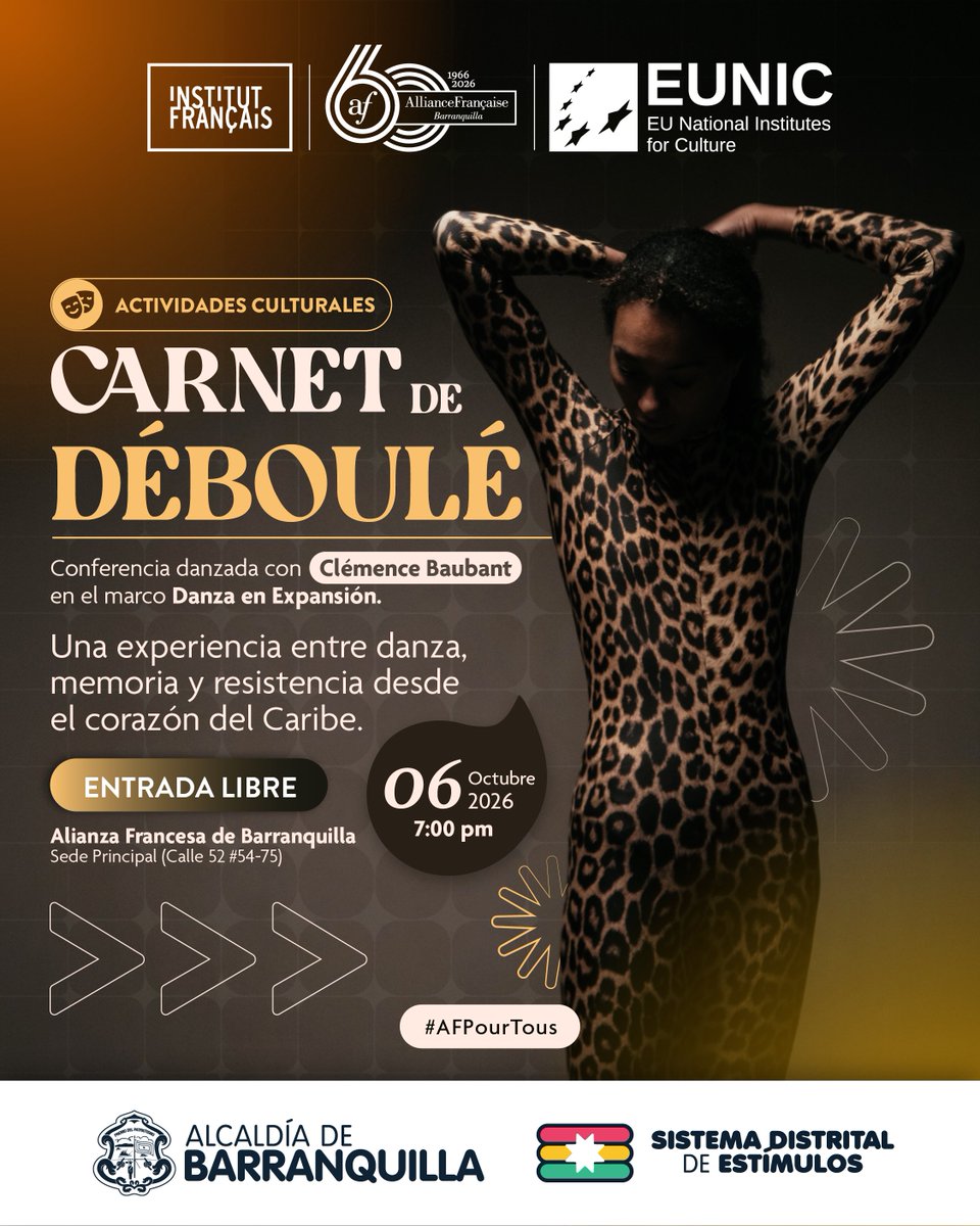 AFBarranquilla's tweet photo. #EventoCultural Conferencia Danzada | Carnet de Deboulé

Una experiencia en la que la danza, la palabra y el sonido se encuentran para explorar las memorias, los ritos y las formas de resistencia de la cultura caribeña.

Martes 06 de oct | 7:00 p.m. | Alianza Francesa Baq https://t.co/dC8tMaF2nh
