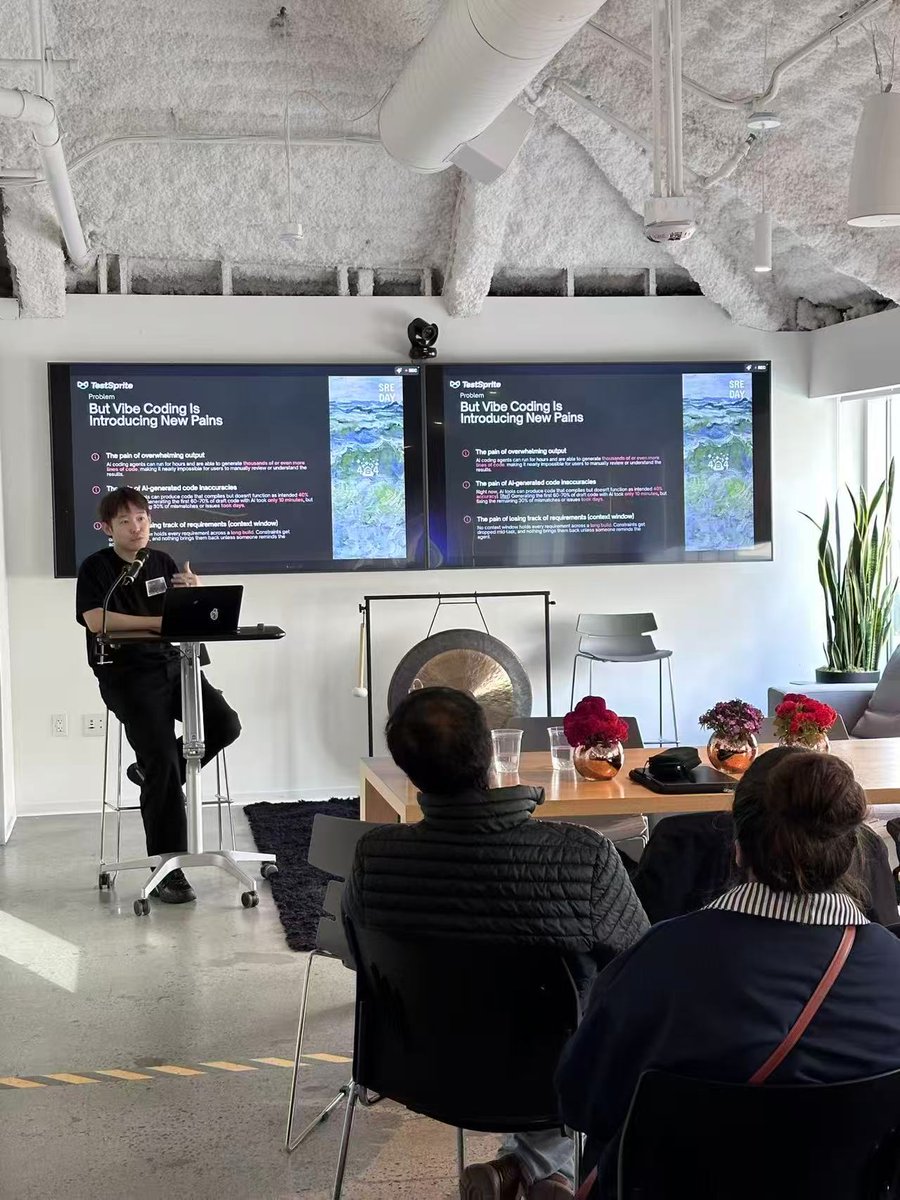 Test_Sprite's tweet photo. Thanks to the @sreday_com  team for hosting us in SF last Friday!

@yunhaojiao , our CEO, talked about what breaks when AI writes the code, and how TestSprite catches it by testing the running app end to end.

Great meeting so many engineers who care about reliability. https://t.co/PKdZYHlOvT