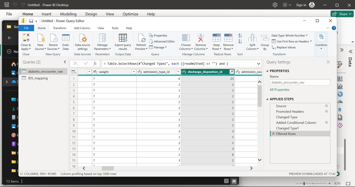 MoonChi222's tweet photo. I cleaned readmission data from #healficahealthdatachallenge using Power Query in PowerBI 📊
1️⃣ Loaded the data: Imported diabetic_encounter_raw.csv and IDS_mapping.csv into the Power Query Editor. https://t.co/yOCR0FBs1k