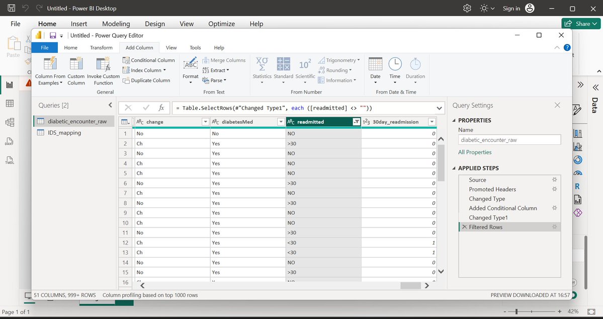 MoonChi222's tweet photo. I cleaned readmission data from #healficahealthdatachallenge using Power Query in PowerBI 📊
1️⃣ Loaded the data: Imported diabetic_encounter_raw.csv and IDS_mapping.csv into the Power Query Editor. https://t.co/yOCR0FBs1k