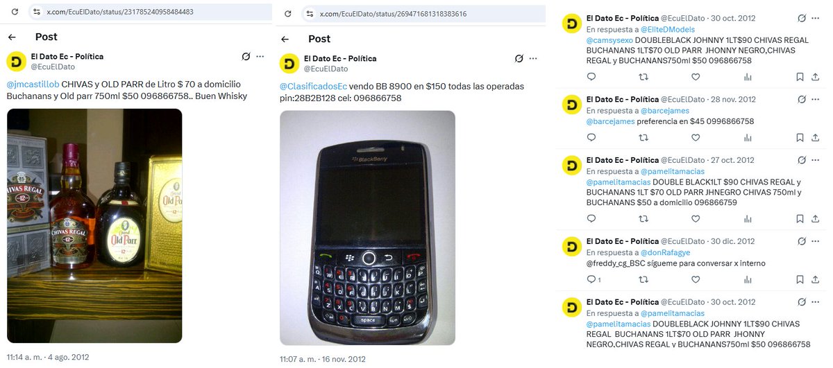 alfredovelazco's tweet photo. Cuenta anómala pro gobierno @EcuElDato (reemplaza a @ElDatoEcua que habría sido hackeada) con 5 cambios cambios de usuario, conectada desde EEUU, creada en Julio 2012 y vendía entradas, whisky, blackberries, etc #UnVotoContraLaDesinformación https://t.co/c0ty6DXklt
