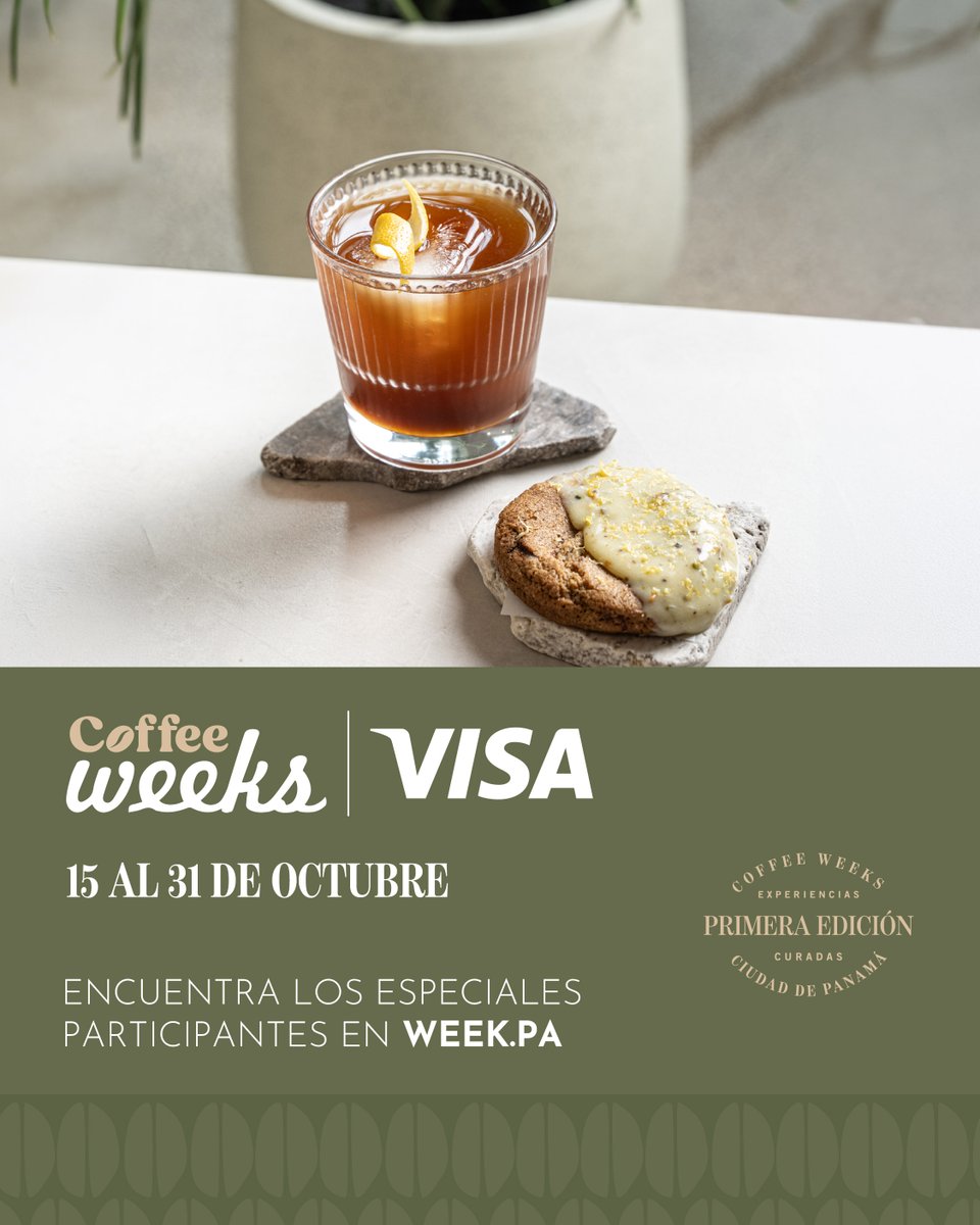 PanamaWeek's tweet photo. Una nueva forma de vivir el café de especialidad panameño está por comenzar. ☕️⚡️

Llega la 1.ª edición de Coffee Weeks @VisaPA, experiencias curadas que celebran nuestra cultura, creatividad y una de nuestras grandes joyas: el café de Panamá. 🇵🇦✨

🗓️ 15 al 31 de octubre. https://t.co/WqmtobB3OQ
