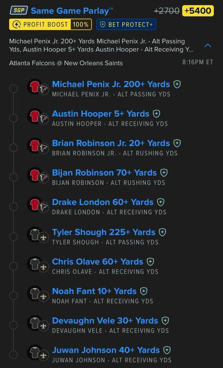 JudgmentParlays's tweet photo. Monday Night Football 🏈 
Falcons @ Saints 
FanDuel +5400 (100% Boost)

#dirtybirds  
#saints https://t.co/X4Pr7gRJSK