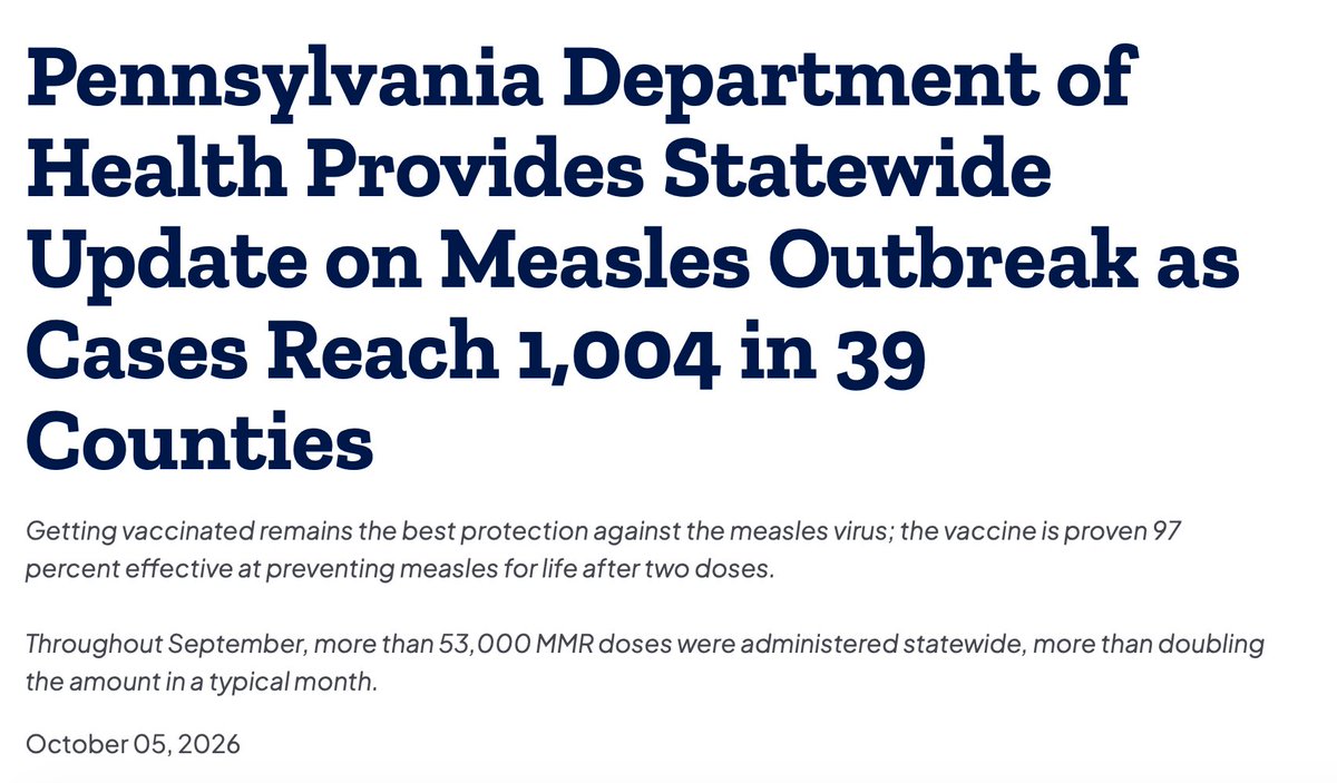 girlsreallyrule's tweet photo. Pennsylvania has surpassed 1,000 measles cases this year, making it the largest state outbreak in more than three decades, with eight reported measles-associated deaths in the past two years — more than the combined total of reported deaths since 1991. https://t.co/2iX5iziEHa https://t.co/9ss0eoc6y1