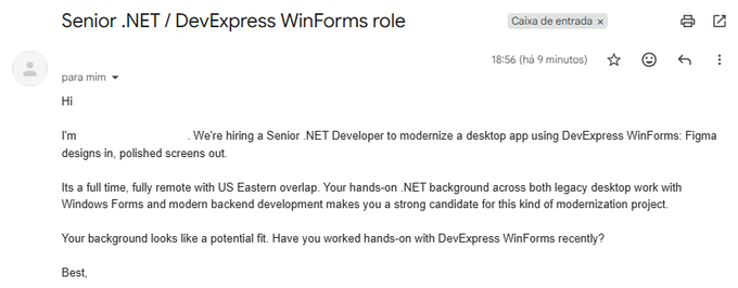 An email screenshot titled 'Senior .NET / DevExpress WinForms role' addressed to 'mim' about hiring a Senior .NET Developer for a remote, full-time desktop app modernization project, asking about experience with DevExpress WinForms.