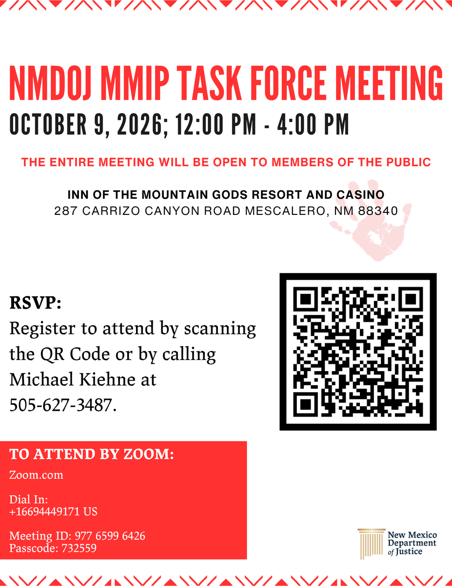 NewMexicoDOJ's tweet photo. Meeting Reminder: Join us this Friday, Oct. 9 for the next #NMDOJ Missing &amp; Murdered Indigenous Peoples (MMIP) Task Force meeting — open to all, both in person &amp; on Zoom. The meeting will begin with time set aside for public comment.
🔗 To register, visit: https://t.co/wkhax0RJae https://t.co/uxR9BEzqSU