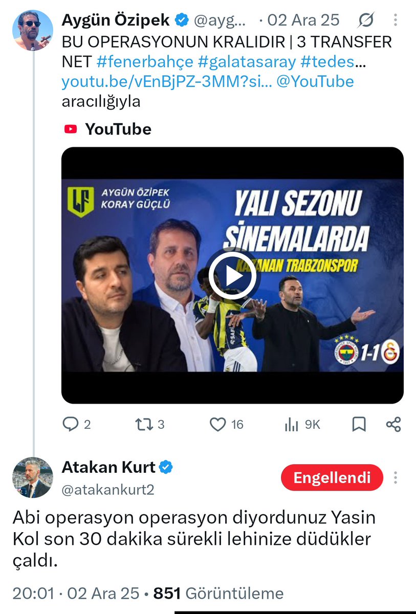 4kosefutbol's tweet photo. Sık sık Yasin Kol 'un Galatasaray 'ı doğrayıp, Fenerbahçe 'yi kolladığına dair tweetler atan Atakan Kurt, Yasin Kol tutuklanınca Galatasaray 'a değil; Ali Koç, Acun Ilıcalı, Jesus ve Mourinho 'ya hak veriyor!

Seni gidi dansöz Atakan seniii😏 https://t.co/7nnYfNQ0DI