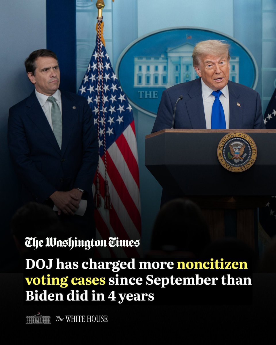 MrGrahamHodsdon's tweet photo. Democrats spent years looking the other way while noncitizens cast ballots in American elections. President Trump &amp; @TheJusticeDept are taking action to protect election integrity.

If you illegally vote: you will be prosecuted to the fullest extent of the law. https://t.co/ODp0Cf3yVS