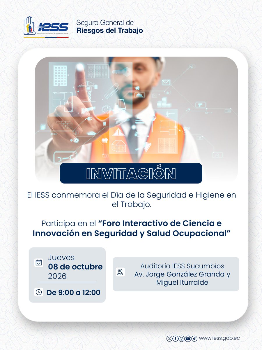 Sucumbios_IESS's tweet photo. #IESSteInforma | El @Sucumbios_IESS invita al Foro Interactivo de Ciencia e Innovación en Seguridad y Salud Ocupacional.

Un espacio para compartir conocimientos y experiencias sobre prevención de riesgos laborales.👷‍♀️👷‍♂️

¡Te esperamos! 🤝 https://t.co/pLOYExvH2s