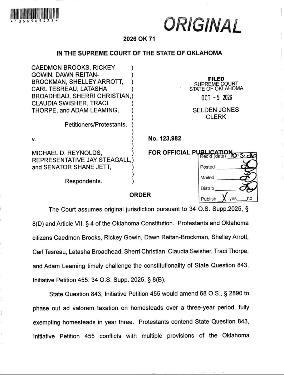 brooks_caedmon's tweet photo. I’m excited to announce that after four months of waiting, the Oklahoma Supreme Court has ruled in favor of our challenge against SQ 843 and has ruled that it is unconstitutional!

This is a major victory for rural communities, schools, farmers, ranchers, and our first responders.