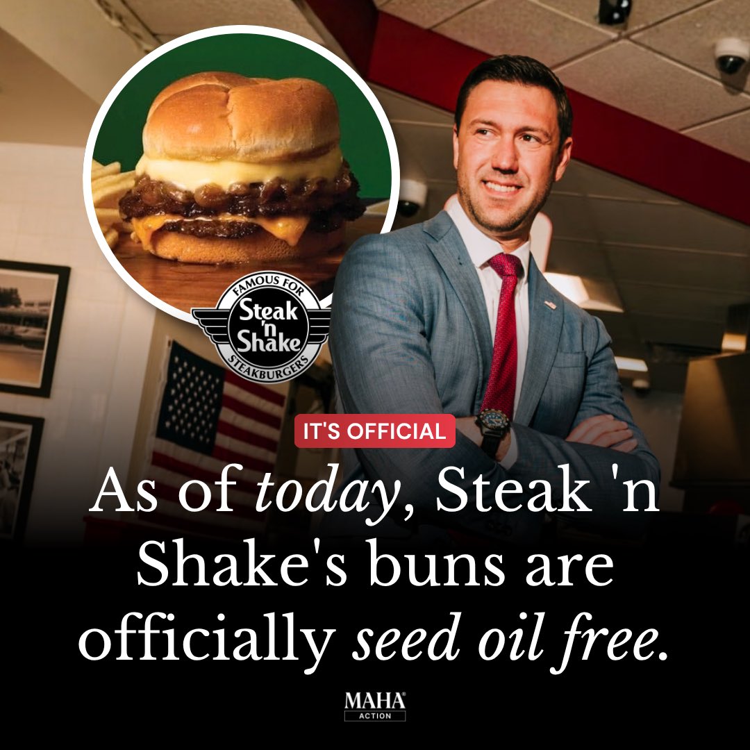 MAHA_Action's tweet photo. Steak ’n Shake just made ALL of its buns officially seed oil free.

Starting today, they are drenched in pure Grade AA Wisconsin butter instead.

Steak ’n Shake keeps raising the standard for fast food.

@SteaknShake https://t.co/g9VNGnEEjL