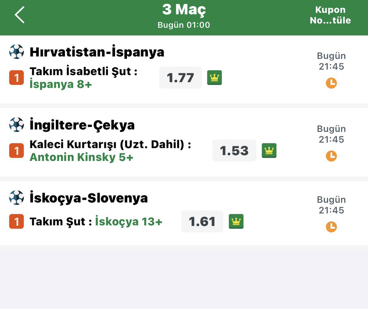 EdgeTahmin's tweet photo. Salı günü için bu üç tercihi seçtim,hem üçlü kombine olarak hem tekli ayrı kuponlarda  değerlendirdim.

İspanyanın rakibini geriye hapsedip oyunun temposunu ve kontrolünü kendi elinde tutacağını düşünüyorum.İstedikleri zaman kaleyi bulacaklardır.

İngiltere kendi evinde kadro kalitesinin farkıyla hücumu bırakmayacaktır.Golcülerinin isabetli şutları sayesinde rakip kaleciyi defalarca deneyeceklerdir.

Slovenyanın İskoçya karşısında deplasmanda olması nedeniyle kapanacağını düşünüyorum.İsviçreye 13 şut çektirdiler İskoçyaya 17 şut çektirdiler.Bugünde İskoçyanın 13 şut baremini yakalamasını bekliyorum.

#iddaa #kupon #iddaatahminleri #tahmin #nesine #futbol #veri #analiz #istatistik #oran #mackolik