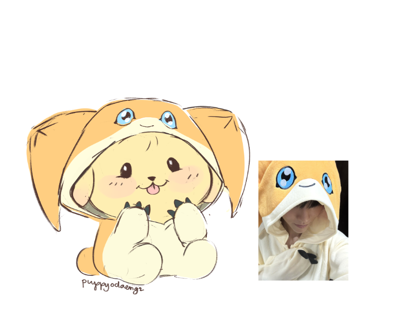 puppyodaengz's tweet photo. #재희 in his digimon onesie https://t.co/bbMPsbrWlQ