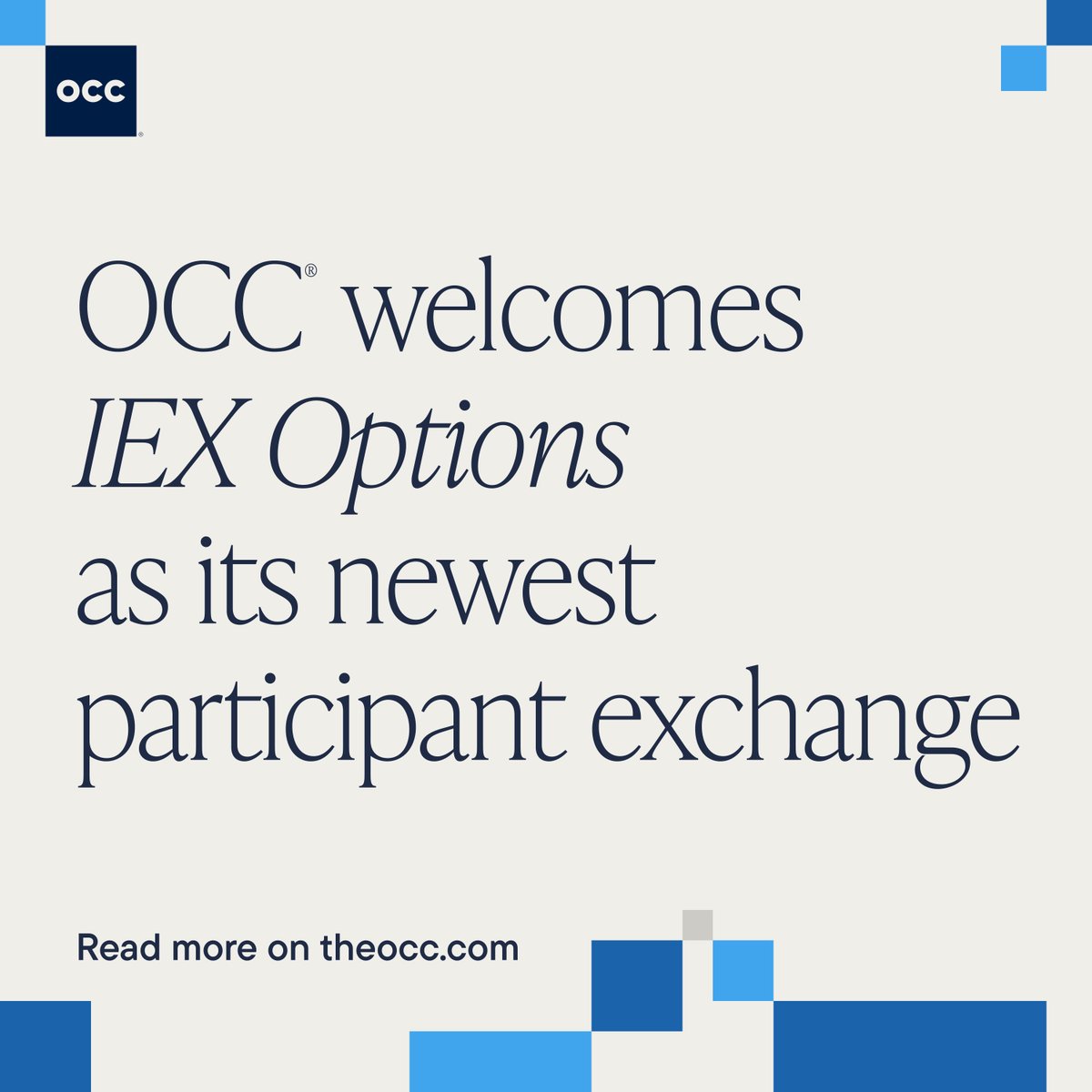 OptionsClearing's tweet photo. OCC welcomes IEX Options Exchange, a new options exchange from Investors Exchange (IEX) as its newest clearing participant, bringing OCC's total number of  exchanges and trading platforms to 23. https://t.co/Yht8G8Q2h6 https://t.co/AaRSBUXtap