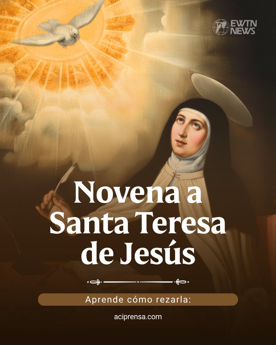 aciprensa's tweet photo. 🙏✨ ¡Preparémonos para celebrar a Santa Teresa de Ávila!

El próximo 15 de octubre la Iglesia celebra la fiesta de Santa Teresa de Jesús, Virgen y Doctora de la Iglesia. Por eso, del 6 al 14 de octubre, puedes unirte a su novena y pedir su intercesión, siguiendo el ejemplo de esta gran santa carmelita que nos enseñó a buscar siempre la amistad con Dios.

“Nada te turbe, nada te espante… solo Dios basta”.😇

Reza con nosotros esta novena aquí: https://t.co/et0ND2CeA4