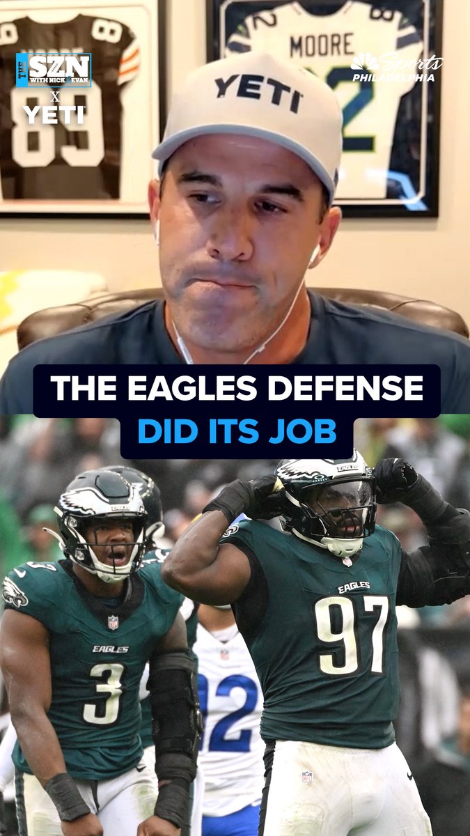 The image features a split-screen from "The SZN with Nick & Evan" podcast sponsored by YETI, showing a man in a white YETI cap on top and two Philadelphia Eagles football players celebrating on the field below, with the caption "THE EAGLES DEFENSE DID ITS JOB." The visual ties into the podcast discussion about how the Eagles defense performed in the second half, featuring players #3 and #97, alongside framed Eagles jerseys including #89 and #2 (Moore) in the background.