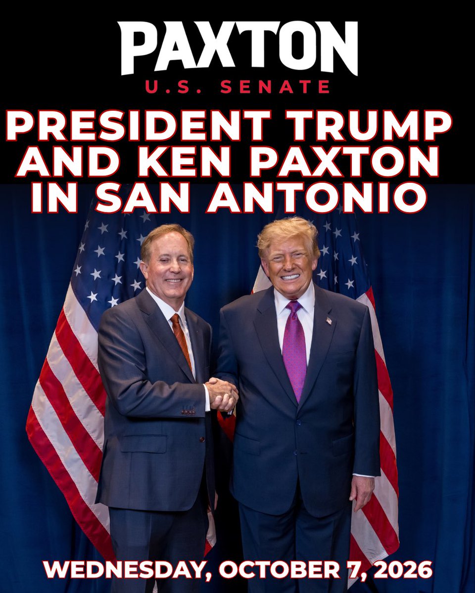 KenPaxtonTX's tweet photo. This Wednesday, I'm joining President Donald J. Trump in San Antonio for a Rally to keep Texas red and keep America First.

Freeman Coliseum | Wed., Oct. 7 | Doors 2:30 PM CT

If we lose Texas, we lose America. Get in the fight: https://t.co/yQHsKZcTiy https://t.co/XbDrQLfGCp