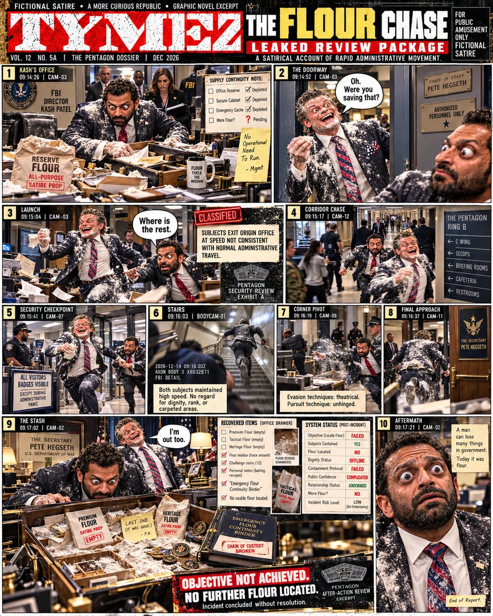 Tine0000002's tweet photo. @FBIDirectorKash 🚨 EXTRA! EXTRA! // READ ALL ABOUT IT 🚨

TYMEZ // THE FLOUR CHASE

Two great men of power...

... One great need

 ^ Ten cameras capture this pursuit through the Pentagon. 

We release it to reassure our viewers that the government is focused on the right things https://t.co/lUxRzURlpR