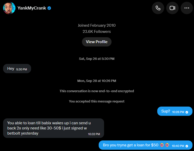 Frizzable's tweet photo. @F_styra blud asked me for a $50 loan , this was my very first interaction with him too😭😭 https://t.co/WJB51lZlcG
