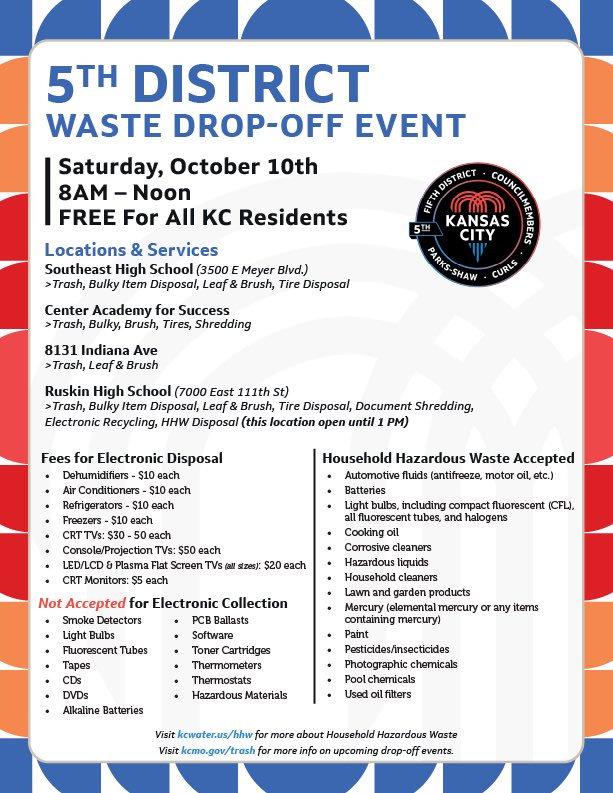ryanapshaw's tweet photo. 5th District, here’s your reminder! ♻️ Our FREE Waste Drop-Off Event is this Saturday, Oct. 10 from 8 AM–Noon.

Multiple locations are available, so check the flyer for details on what you can bring. 

Let’s keep our neighborhoods clean! 💙 https://t.co/Kh5HSOMOqI