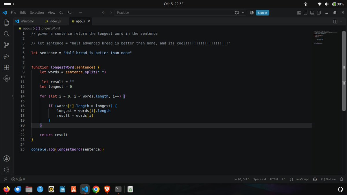 phil_builds's tweet photo. Day 89 of @blockfuselabs 200 Days of Code. Today I solved a problem in javascript. The problem was: given a sentence return the longest word in the sentence. I was able to think through it and solved. 111 days to go.🔨#buildinpublic #tailwind #webdevelopment #200daysofcode #day89 https://t.co/wPZhfbW5Bp